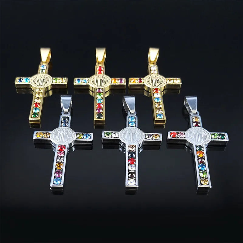 Stainless Steel Catholic Cross – Saint Benedict Necklace with Virgin Mary Crystal