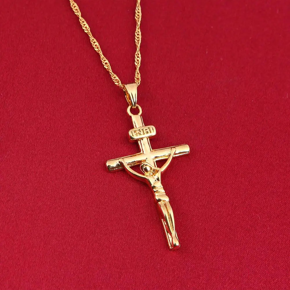 JESUS Cross Pendant Necklace – Gold-Tone Crucifix for Men & Women