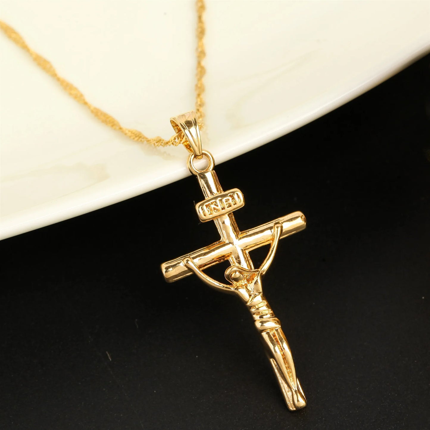 JESUS Cross Pendant Necklace – Gold-Tone Crucifix for Men & Women