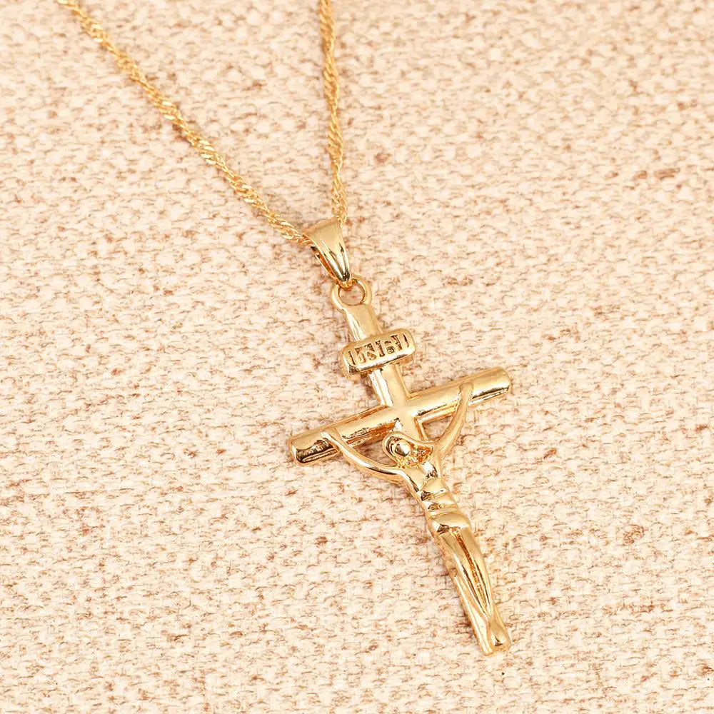 JESUS Cross Pendant Necklace – Gold-Tone Crucifix for Men & Women