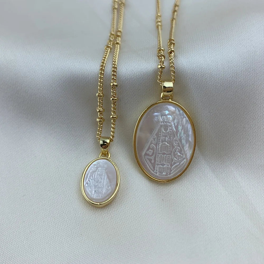 Oval Virgin Mary Pendant – Gold Mother of Pearl Unisex Necklace