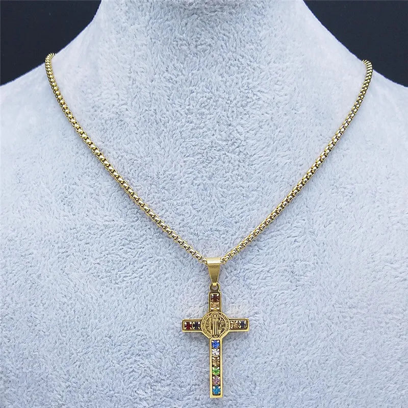 Stainless Steel Catholic Cross – Saint Benedict Necklace with Virgin Mary Crystal