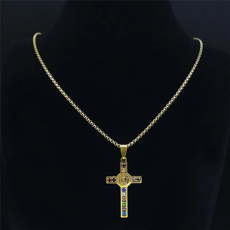 Stainless Steel Catholic Cross – Saint Benedict Necklace with Virgin Mary Crystal