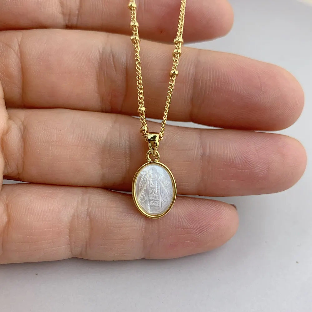 Oval Virgin Mary Pendant – Gold Mother of Pearl Unisex Necklace