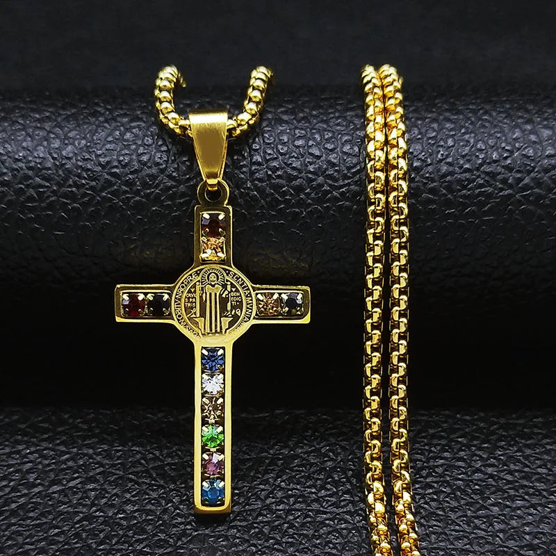 Stainless Steel Catholic Cross – Saint Benedict Necklace with Virgin Mary Crystal