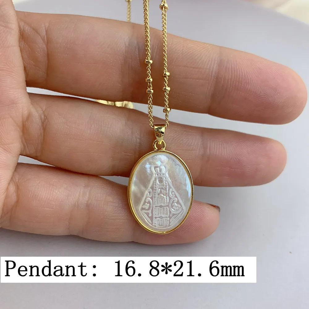 Oval Virgin Mary Pendant – Gold Mother of Pearl Unisex Necklace