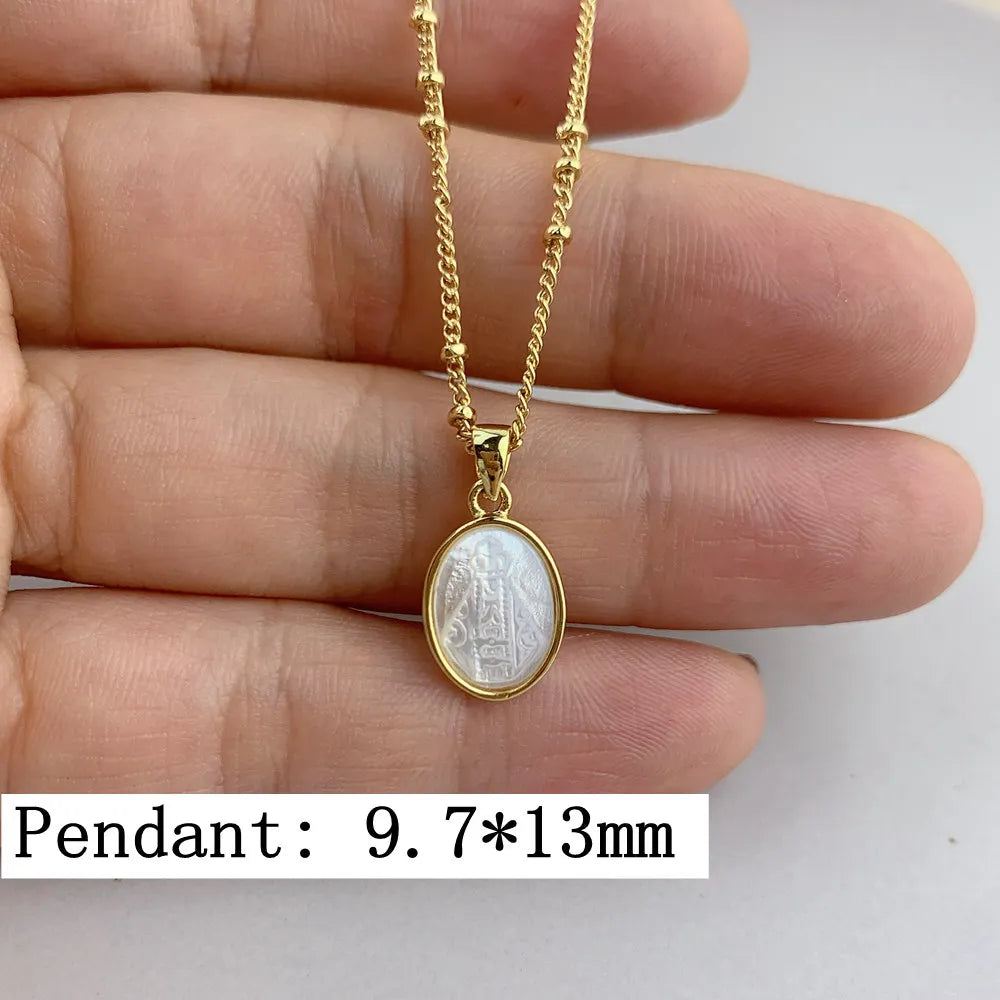 Oval Virgin Mary Pendant – Gold Mother of Pearl Unisex Necklace