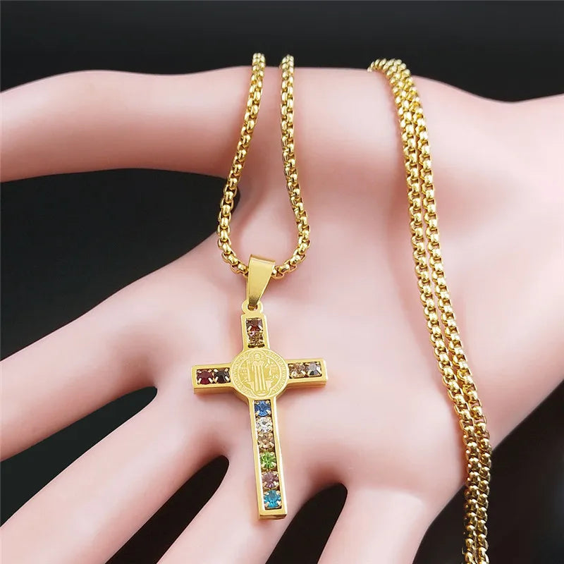 Stainless Steel Catholic Cross – Saint Benedict Necklace with Virgin Mary Crystal