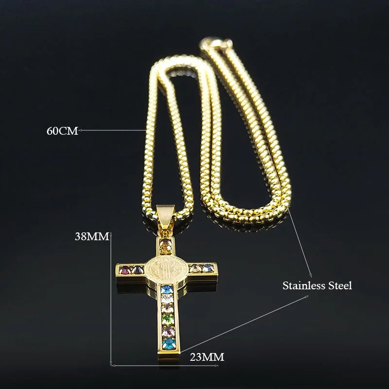 Stainless Steel Catholic Cross – Saint Benedict Necklace with Virgin Mary Crystal