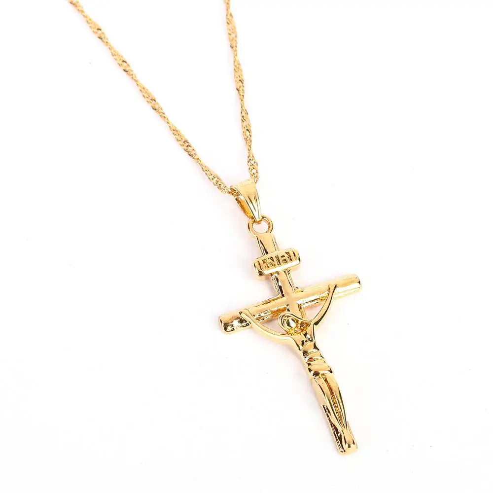 JESUS Cross Pendant Necklace – Gold-Tone Crucifix for Men & Women