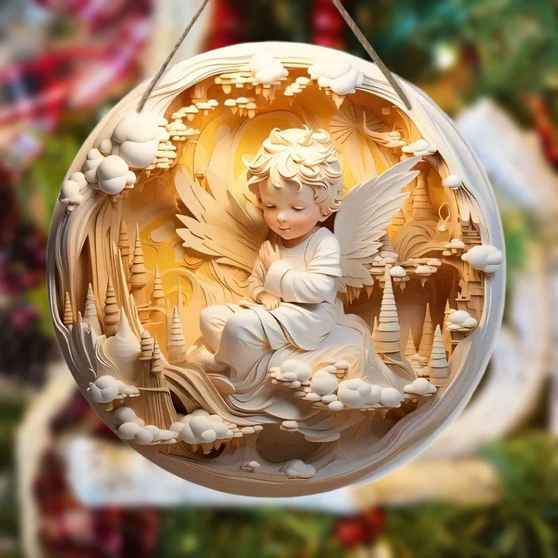 2D Nativity Angel Wings Wall Hanging – 20cm Round Wooden Decor