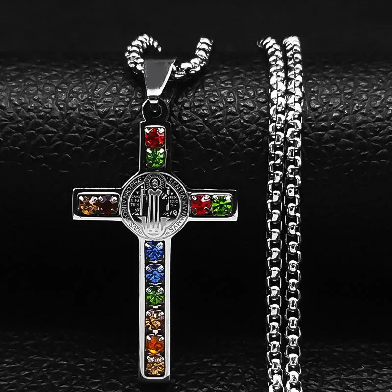 Stainless Steel Catholic Cross – Saint Benedict Necklace with Virgin Mary Crystal