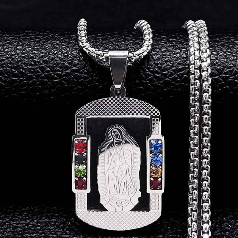 Stainless Steel Catholic Cross – Saint Benedict Necklace with Virgin Mary Crystal