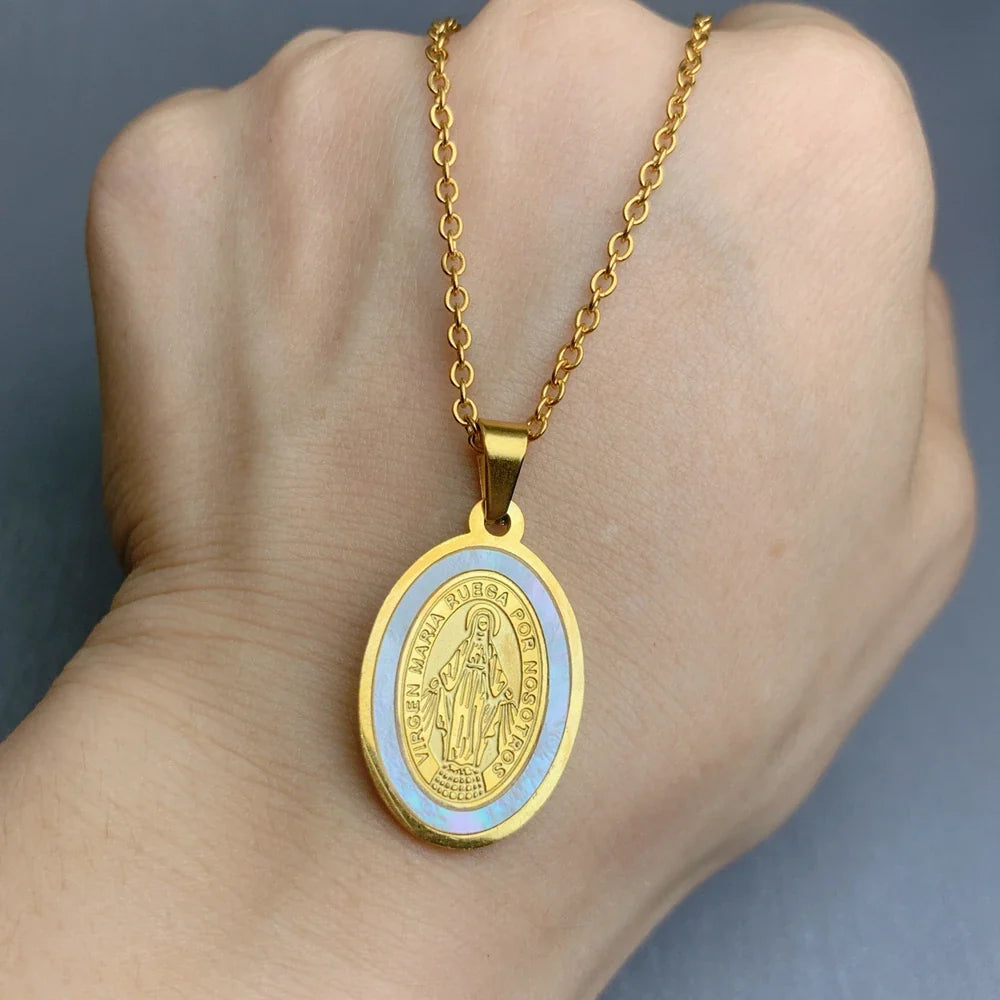 Stainless Steel Gold-Plated Virgin Mary Oval Pendant Necklace – Elegant Religious Jewelry for Women