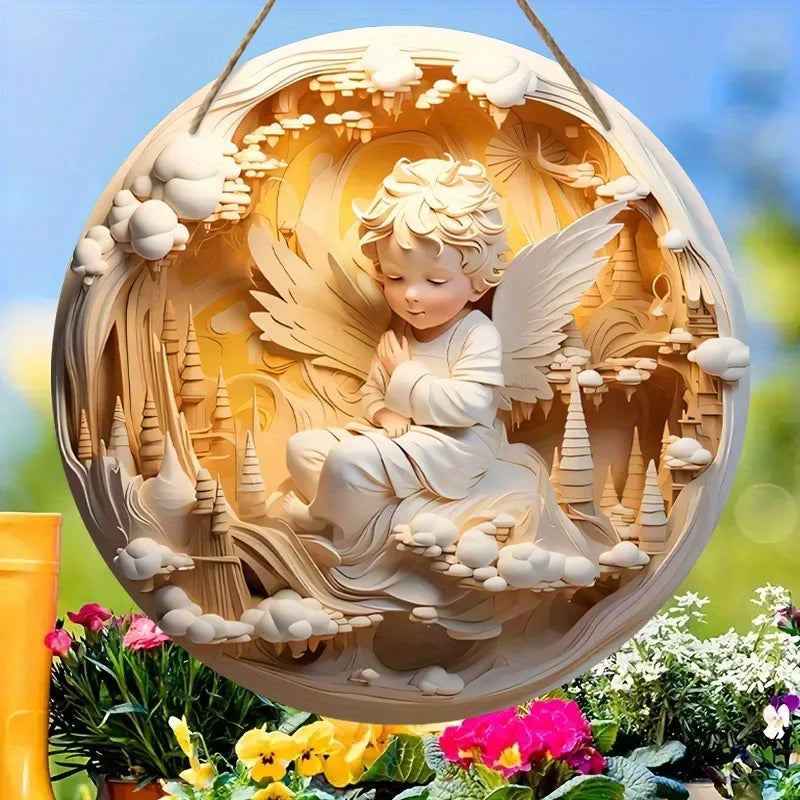 2D Nativity Angel Wings Wall Hanging – 20cm Round Wooden Decor