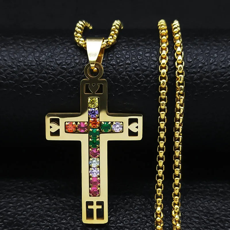 Stainless Steel Catholic Cross – Saint Benedict Necklace with Virgin Mary Crystal