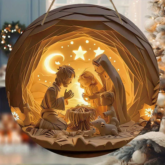 Artistic Nativity Scene Wooden Sign – 2D Relief Round Wall Decor