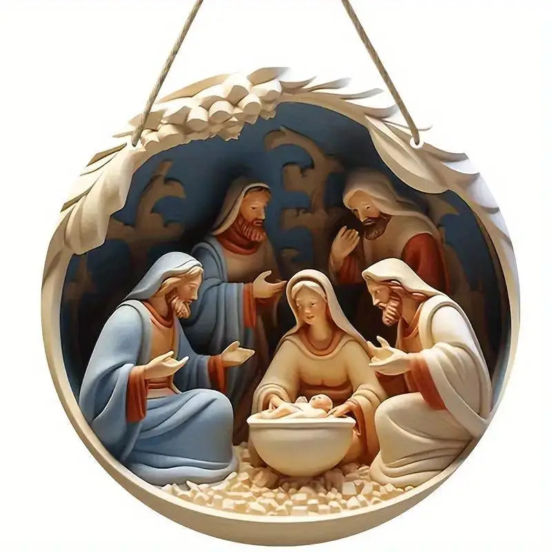 Nativity Scene Wooden Ornament – 20cm Virgin Mary, Jesus & Joseph Hanging Decor