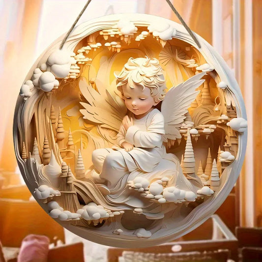 2D Nativity Angel Wings Wall Hanging – 20cm Round Wooden Decor