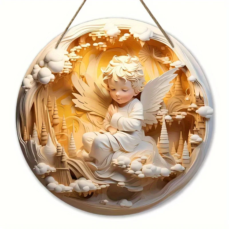 2D Nativity Angel Wings Wall Hanging – 20cm Round Wooden Decor