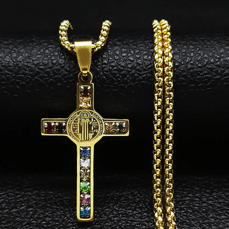 Stainless Steel Catholic Cross – Saint Benedict Necklace with Virgin Mary Crystal