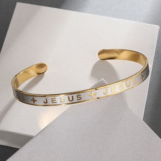 Women’s Jesus Cross Prayer Bracelet – Stainless Steel Christian Cuff