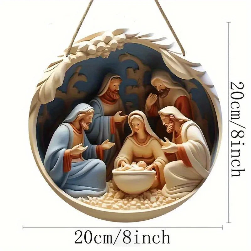 Nativity Scene Wooden Ornament – 20cm Virgin Mary, Jesus & Joseph Hanging Decor