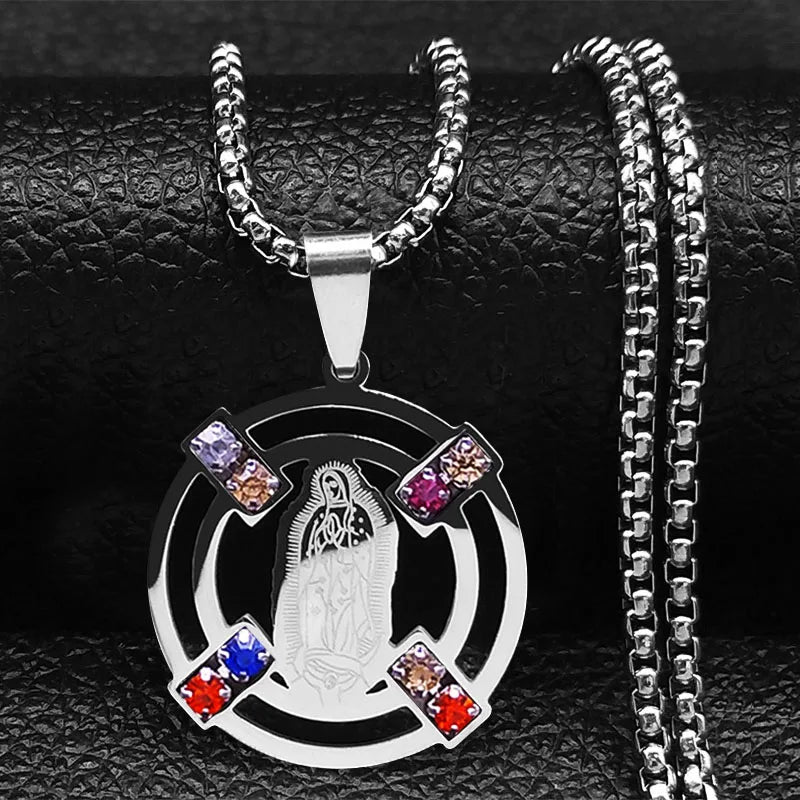 Stainless Steel Catholic Cross – Saint Benedict Necklace with Virgin Mary Crystal