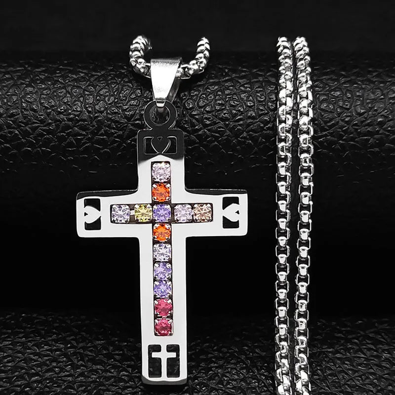 Stainless Steel Catholic Cross – Saint Benedict Necklace with Virgin Mary Crystal