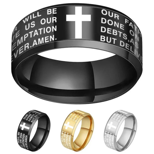 Titanium Steel Christian Cross Bible Ring – Personalized Unisex Ring