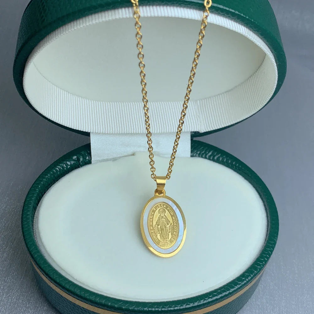 Stainless Steel Gold-Plated Virgin Mary Oval Pendant Necklace – Elegant Religious Jewelry for Women